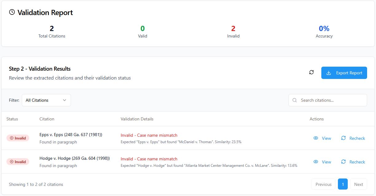 Validation report shows two citations found and both are invalid.