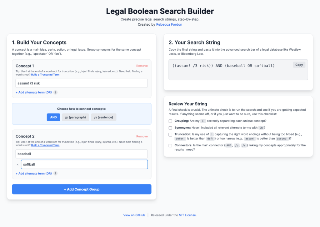 A screenshot of the Legal Boolean Search Builder, as described in the rest of this post, and available at https://booleanbuilder.replit.app/