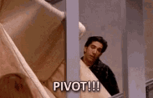 A GIF of a clip from the TV show Friends.  Ross and an unseen Friend are trying to get a couch up the stairs and Ross is shouting "PIVOT!!"