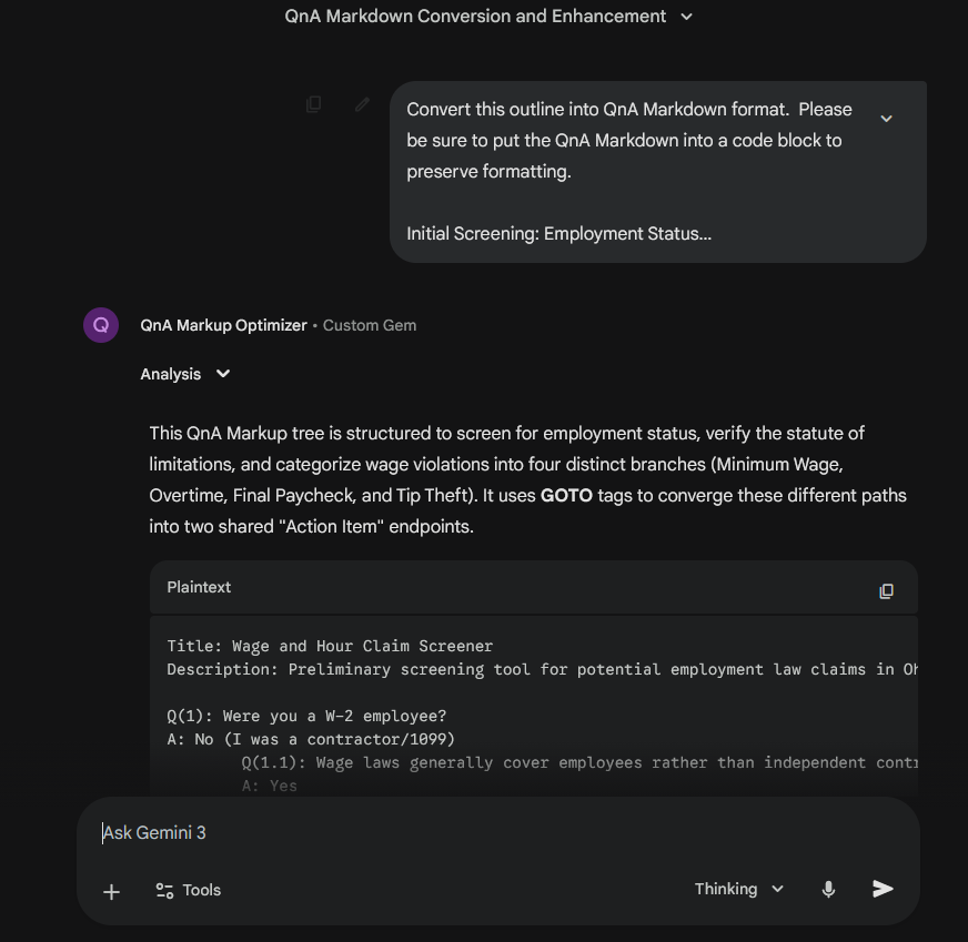 Gemini interface (dark mode) showing the QnA Markup Optimizer Gem in a conversation titled "QnA Markup Decision Tree Generation." The user's brief prompt says "put in a code block." The Gem responds with QnA Markup for an "Employment Intake & Consultation Screener" described as "Verifies W-2 status and routes to a consultation if ineligible." The code shows a linear intake flow: Q(employment_status): "Were you a W-2 Employee?" → Yes → Q(employer_name): "What was the name of your employer?" → X: (free text) → Q(job_title): "What was your job title at <x>employer_name</x>?" → X: → Q(years_worked): "How many years did you work there?" → X:number → Q(final_confirmation) partially visible. This demonstrates the Gem generating a simpler guided interview structure with variable interpolation.
