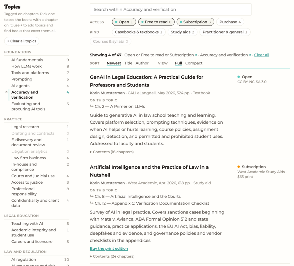 The book explorer filtered to open, free, and subscription titles with chapters on accuracy and verification.