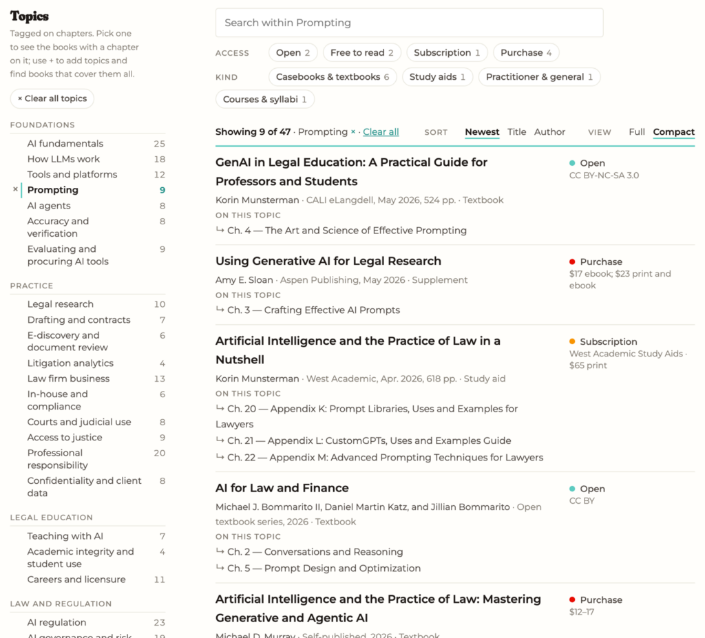 The book explorer with the Prompting topic selected, showing nine books and the specific chapters in each that cover prompting.