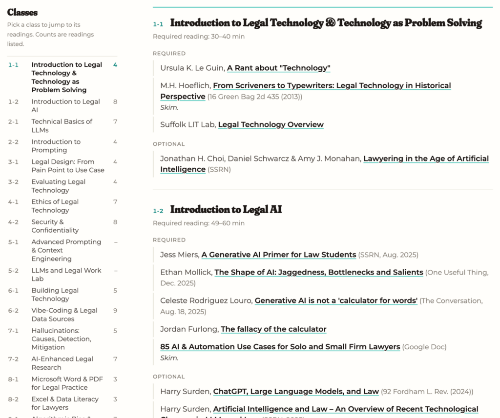 The 21st Century Lawyering reading list, with a list of classes on the left and each class's required and optional readings on the right.